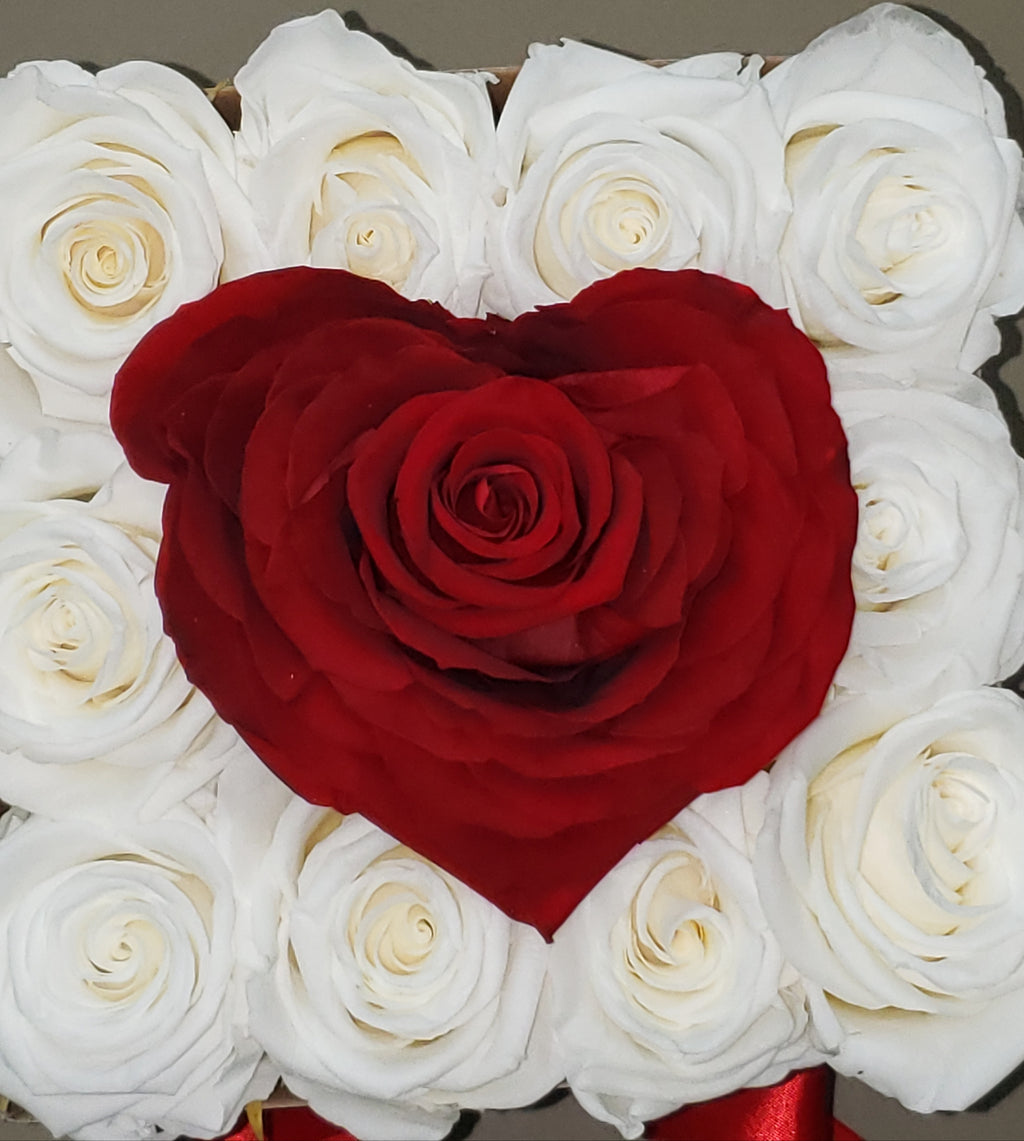 Small Square Red Heart Rose w/ White Roses arrangement